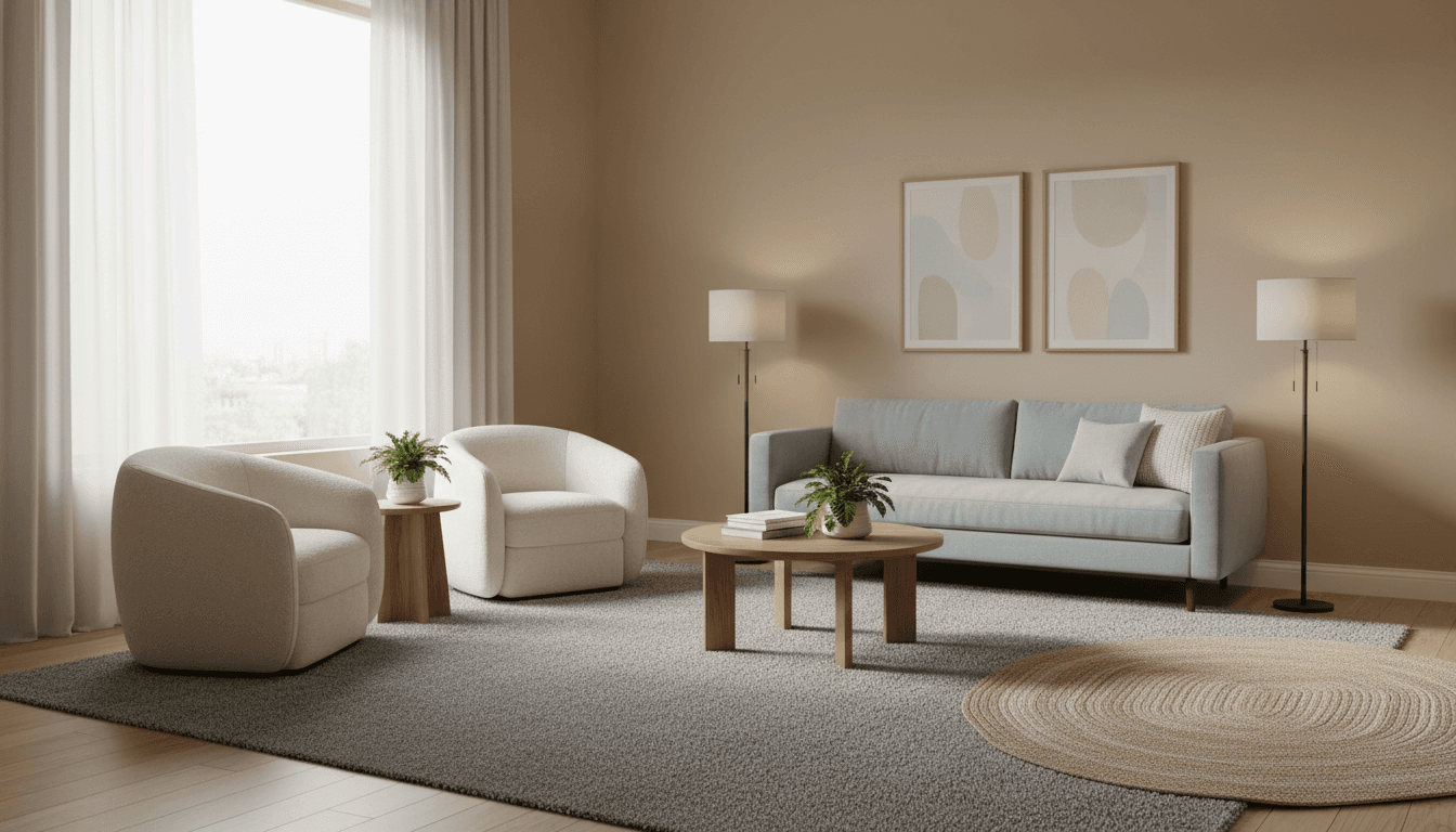 Warm, comfortable therapy office with natural light filtering through curtains